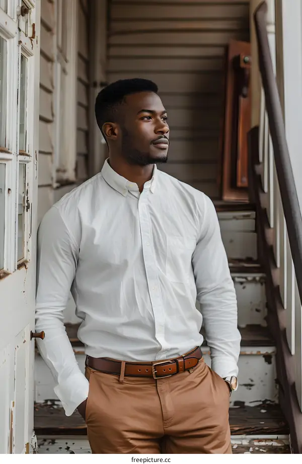A man is standing in front of a door.