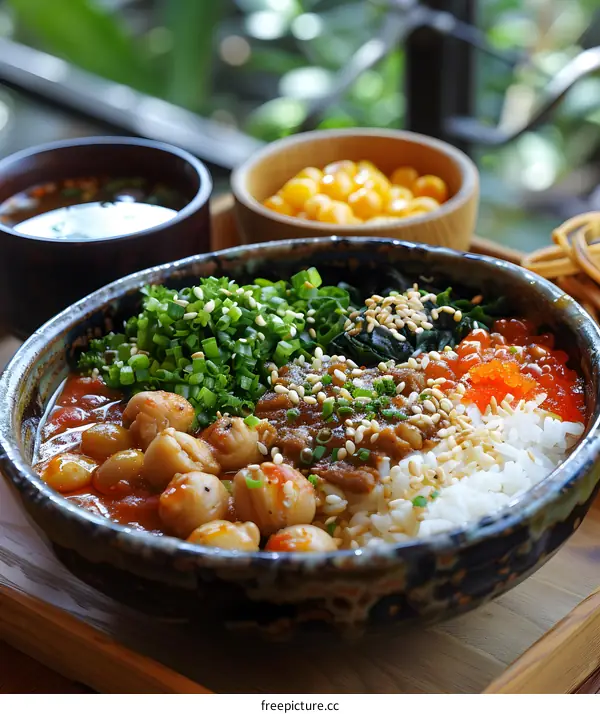 A delicious and healthy meal of rice, scallops, and vegetables.