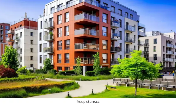 Modern apartment buildings with green courtyard