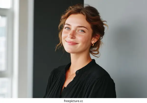 Portrait of a Smiling Woman in a Black Blouse
