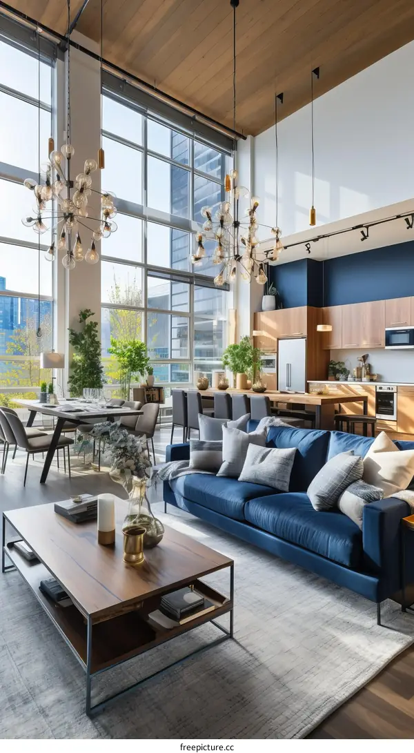 Bright and Airy Modern Living Room With Blue Sofa