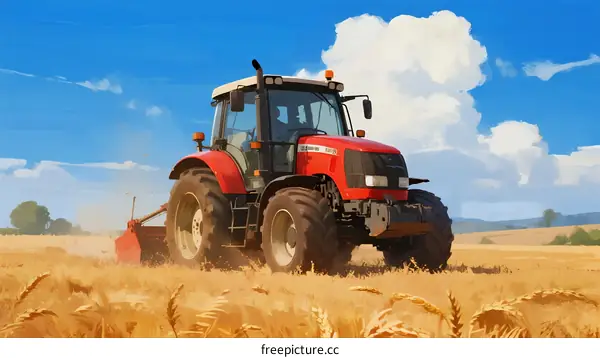 Red Tractor Working in Golden Wheat Field Under Blue Sky