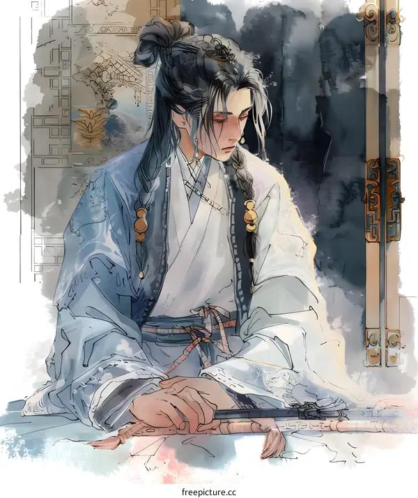 Watercolor Illustration of a Man in Traditional Chinese Clothing