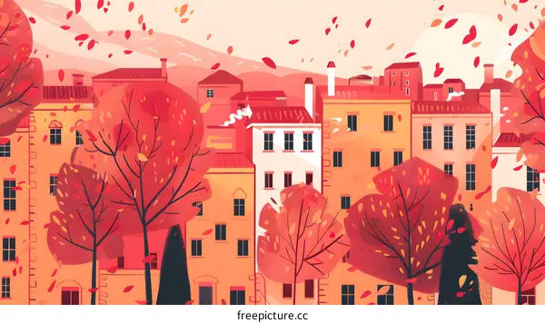 Autumn Leaves Falling On City Buildings