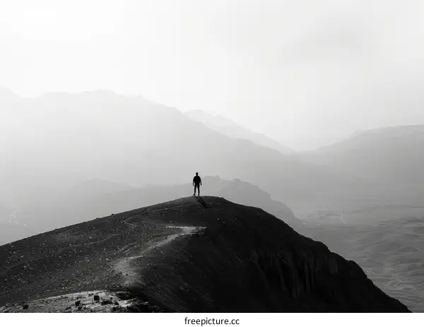 Solitary Figure Overlooking a Mountain Range at Dusk