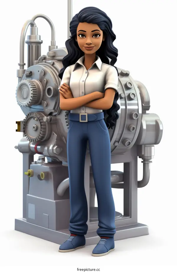 Confident female engineer standing in front of a large industrial machine