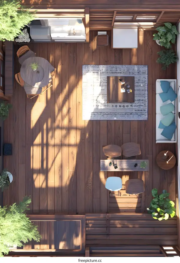 Top View of Wooden Patio with Furniture and Plants