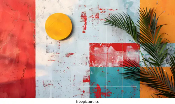 Abstract Colorful Wall with Palm Leaves and Circle