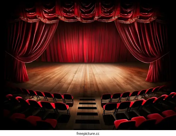 Red Velvet Stage Curtains and Wooden Floor