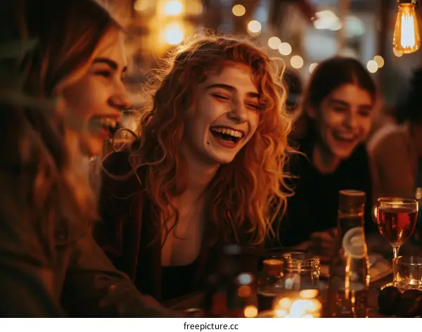 Three young women laughing and talking at a bar