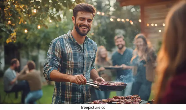 Man Grilling Meat For Friends at Backyard Barbecue