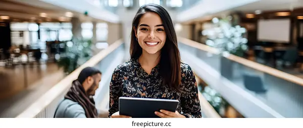 Smiling Woman Holding Tablet in Modern Office Building