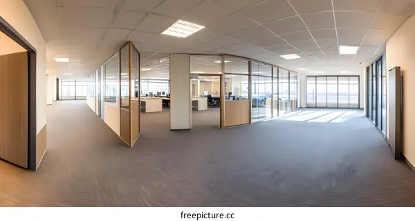 Modern Office Corridor with Glass Walls and Carpeting