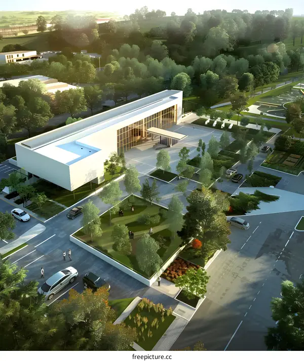 Modern Building with Green Landscaping and Parking Lot