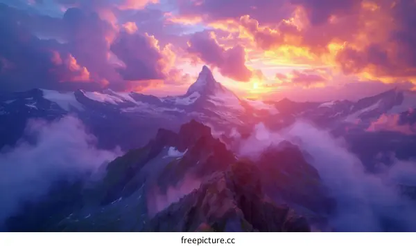 Majestic mountain landscape with vibrant sunset and clouds