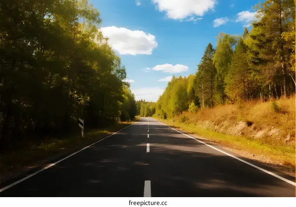A peaceful road surrounded by lush green trees under a clear blue sky