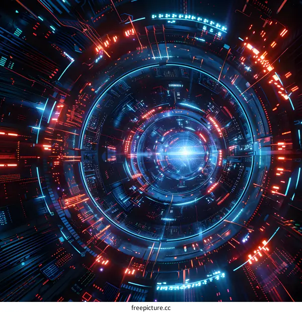 Glowing blue and red circuit board tunnel