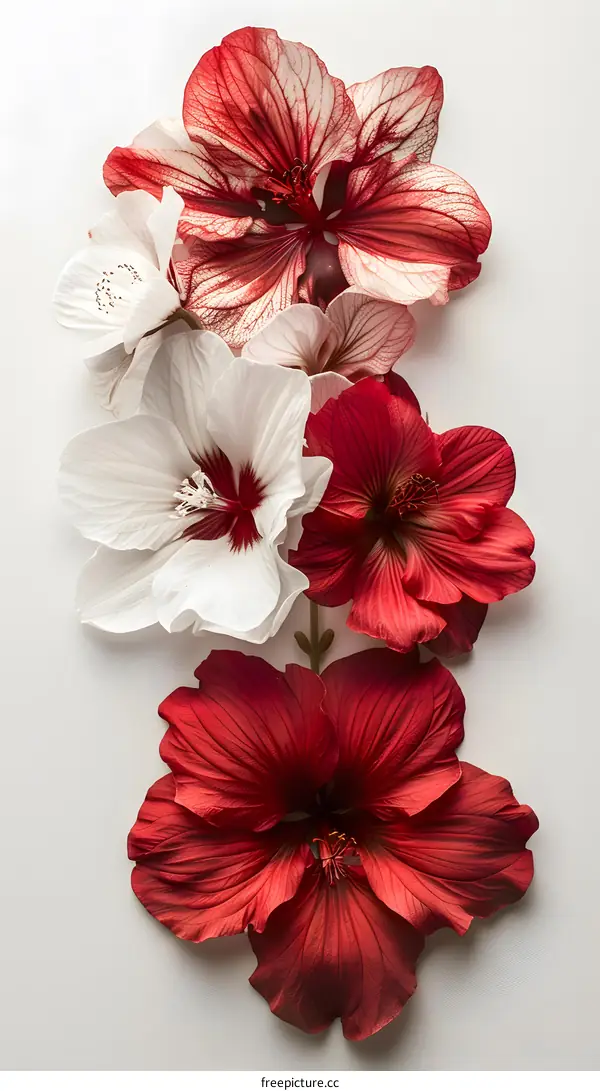 Red and white hibiscus flowers on a white background