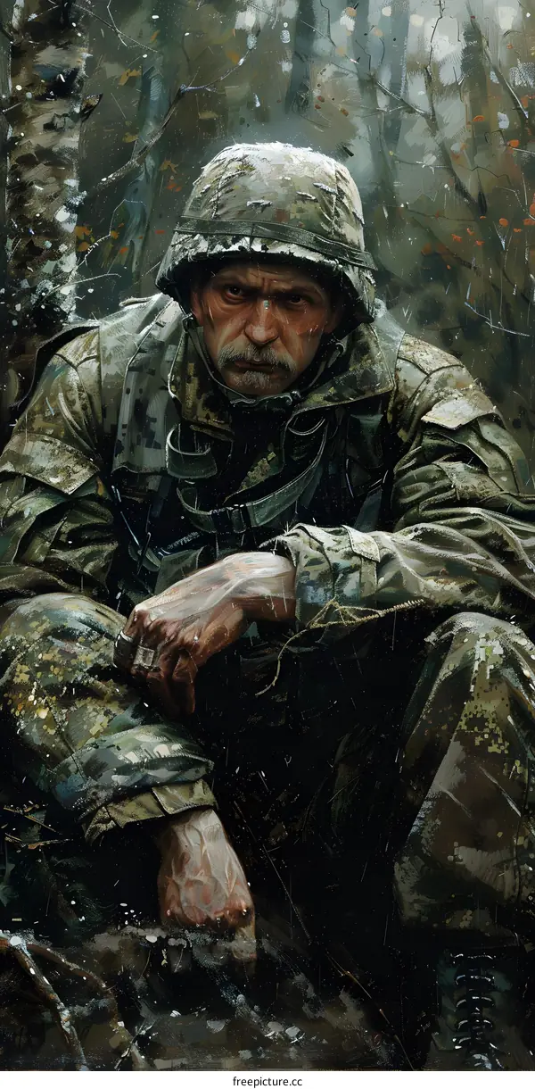 A soldier sits on the ground in the woods