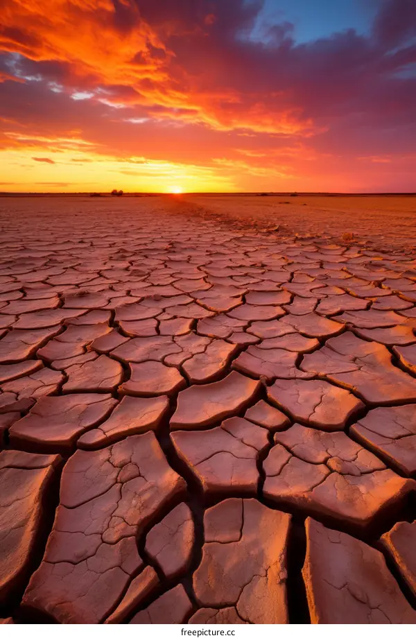 Arid Desert Landscape with Dry Cracked Soil at Sunset
