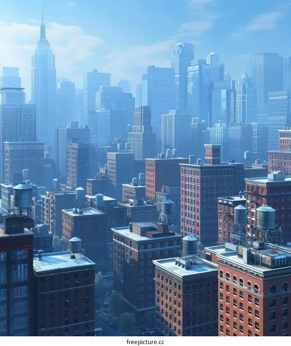 Modern Cityscape with Tall Buildings Against a Clear Blue Sky