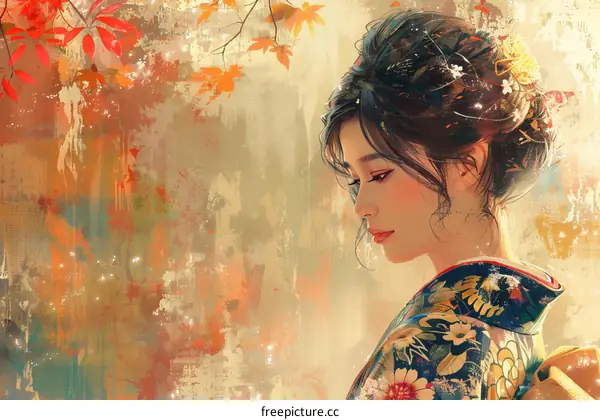 An illustration of a beautiful Asian woman in a kimono standing in a field of red and yellow flowers.