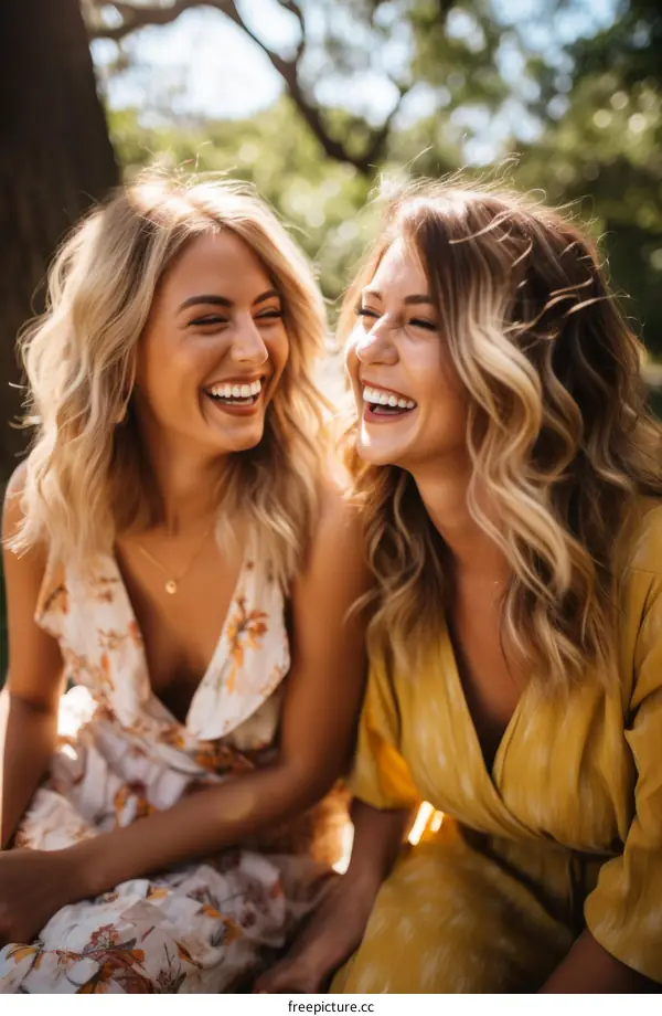 Two young women sitting on a bench and laughing