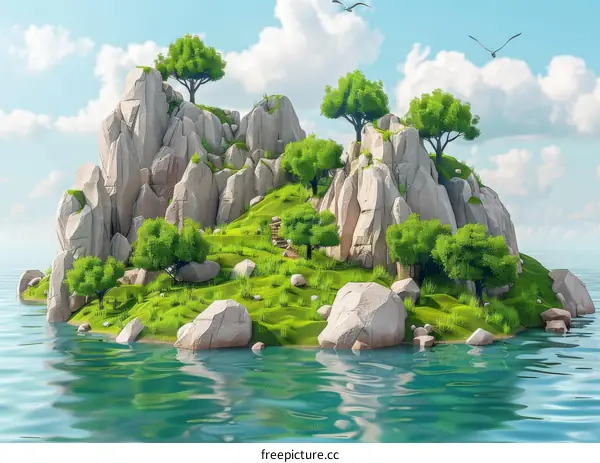 Rocky Island in the Sea with Green Grass and Trees