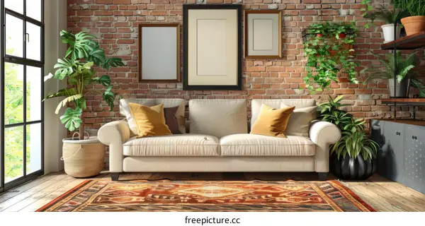 Home interior with brick wall, sofa and plants