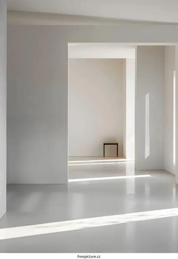 Minimalist Interior Design With White Walls And Wooden Stool