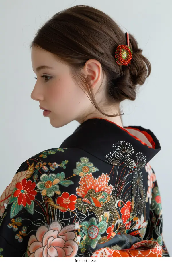 Portrait of a young woman in a kimono with a traditional Japanese hair ornament