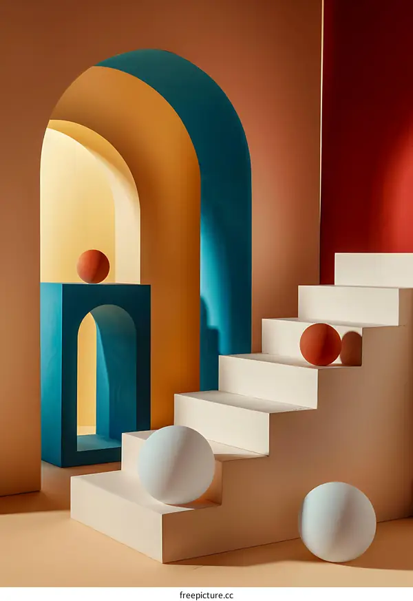 Abstract Archway Interior Design with Stairs and Spheres