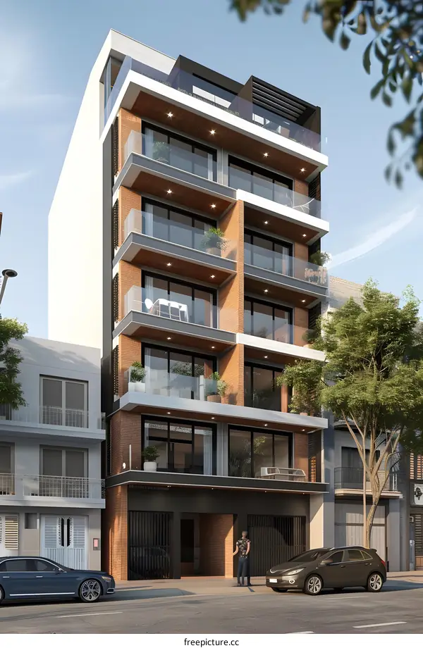 Modern Apartment Building with Balconies and Glass Railings