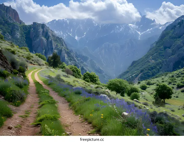 Mountain Trail Winding Through Lush Green Meadow
