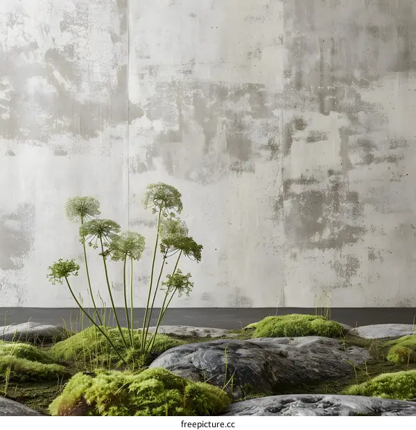 Green Plant With White Flowers Against Concrete Wall