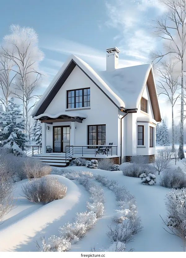 Cottage in winter snowy landscape