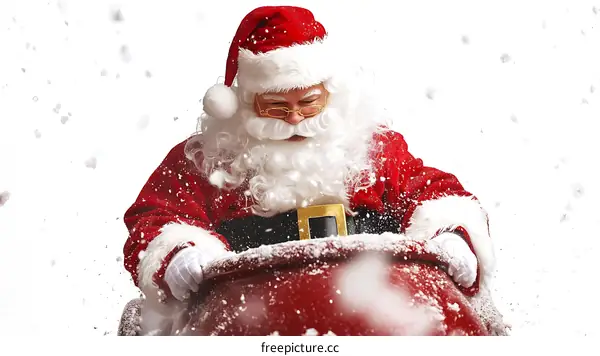 Santa Claus Filling His Christmas Gift Bag in Snowy Weather