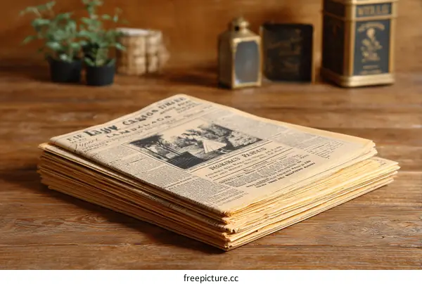Vintage Stack of Old Newspapers on Wooden Table
