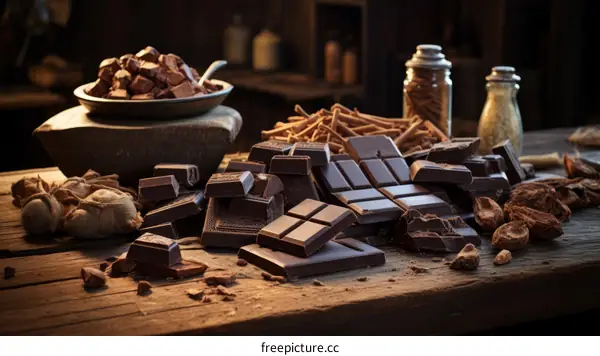 Chocolate Bars and Pieces on a Rustic Wooden Table