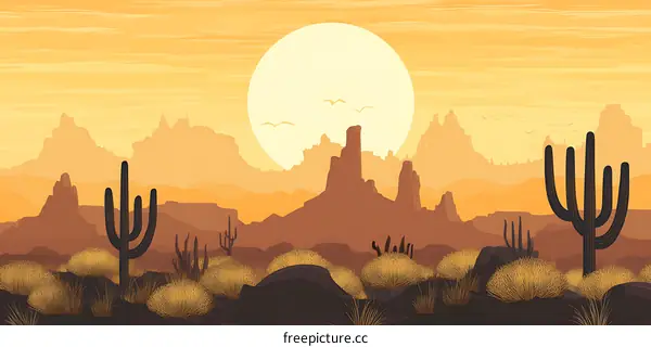 Sunset Desert Landscape with Cacti and Mountains