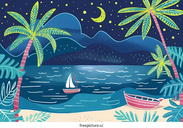Tropical Night Illustration With Palm Trees And Boat