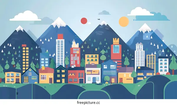 Flat Design Cityscape with Mountains and Sun