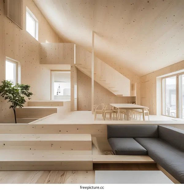 Modern Wooden House Interior Design with Open Floor Plan and Large Windows