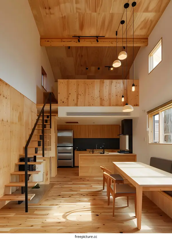 Modern Wooden House Interior Design with Open Staircase and Kitchen