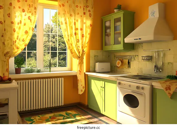 Modern Kitchen Interior Design with Yellow Walls and Green Cabinets