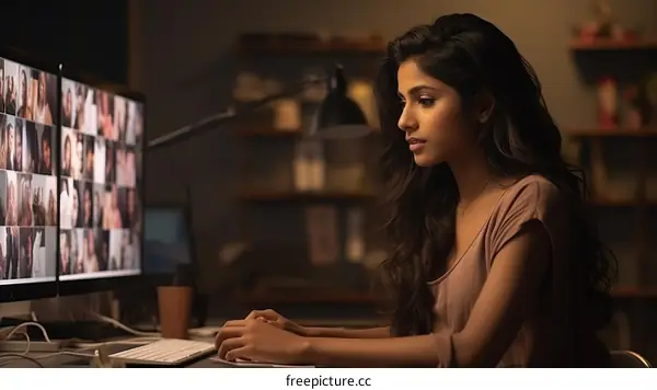 Indian Woman Computer Engineer Works Late