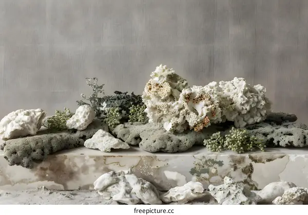 White Coral with Green Moss on Marble Slab