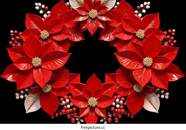 Red poinsettia wreath with white berries and gold accents