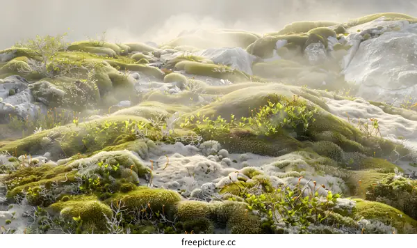 Misty Morning Landscape With Green Moss and Rocks