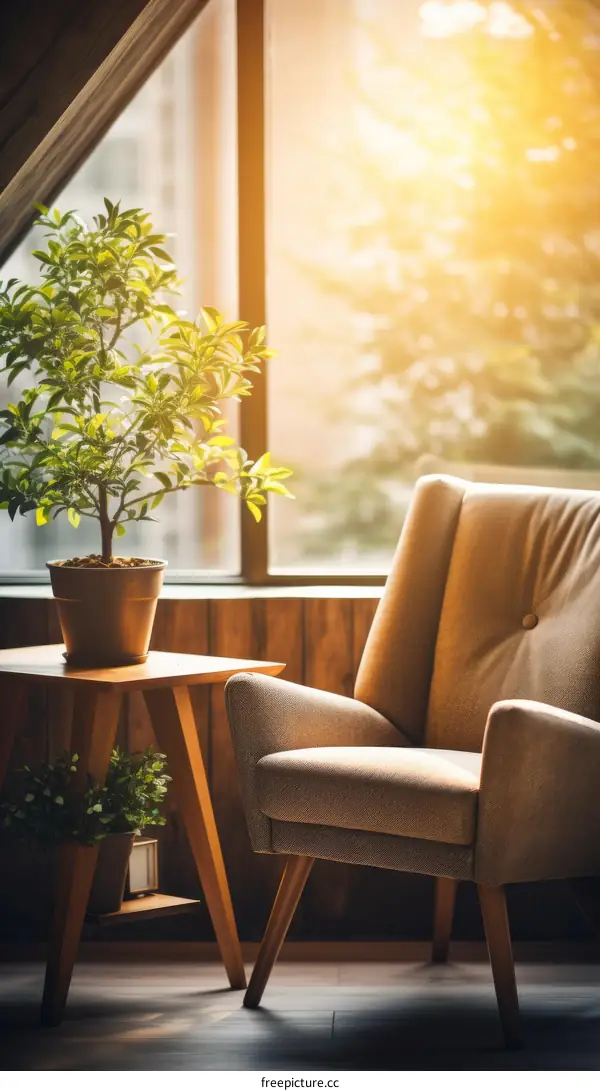 Comfortable Beige Chair in a Bright Room with a Large Window